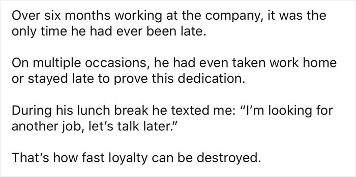 Boss Yells At Employee For Being Late Without Even Asking For A Reason, Ends Up Losing A Loyal Employee Due To His Poor Leadership Boss Yells At Employee For Being Late Without Even Asking For A Reason, Ends Up Losing A Loyal Employee Due To His Poor Leadership