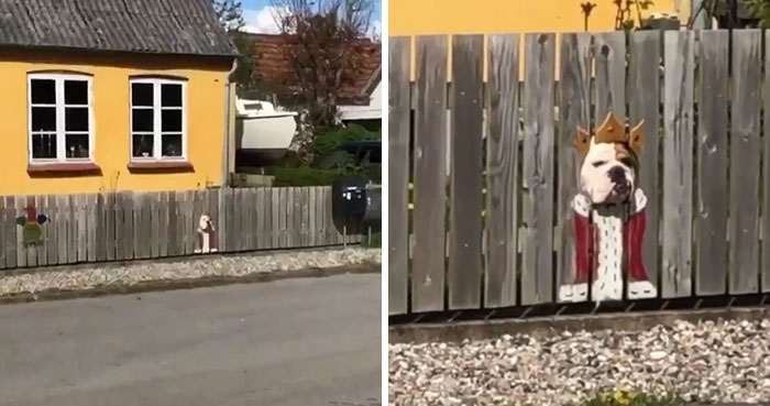 A este bulldog le encanta ver la calle por un agujero, así que sus dueños pintaron disfraces en la valla