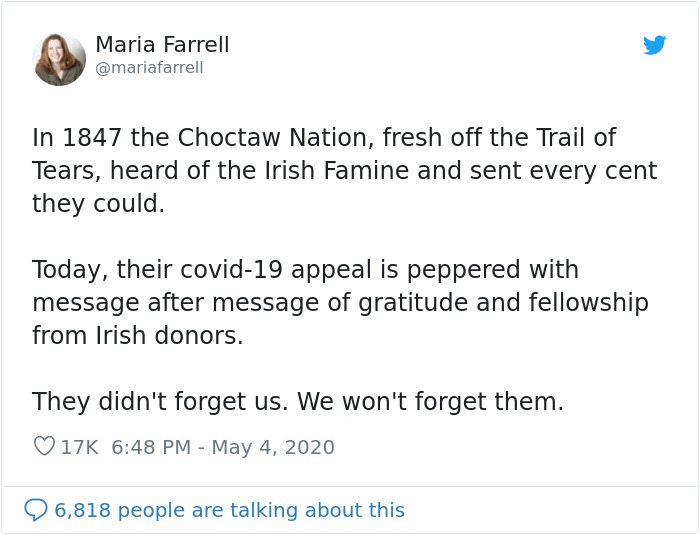 Native Americans Send Ireland $170 As 1845 Famine Aid, Ireland Gives Back By Fueling $2.9M COVID-19 Relief Fund In 2020