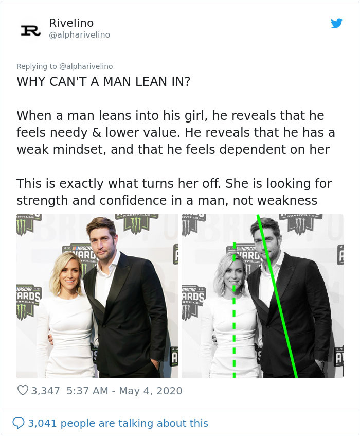 Twitter User Tells Males To Not Lean Into Their GFs Because It Makes Them Look Weak, Gets Called Out Twitter User Tells Males To Not Lean Into Their GFs Because It Makes Them Look Weak, Gets Called Out