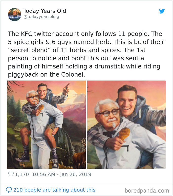todayyearsoldig tweets about KFC, and picture of KFC owner with person on his back