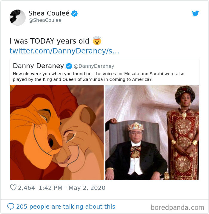 SheaCoulee tweets about voices of Musafa and pictures of Musafa, Sarabi and Kind and Queen Zamunda