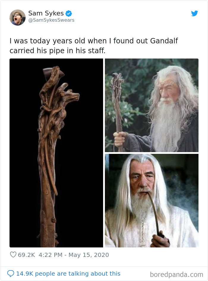 SamSykesSwears tweets about Gandalf and his staff and picture of Gandalf with staff
