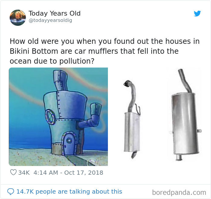 todayyearsoldig tweets about Bikini Bottom houses and picture of Bikini Bottom house and car mufflers
