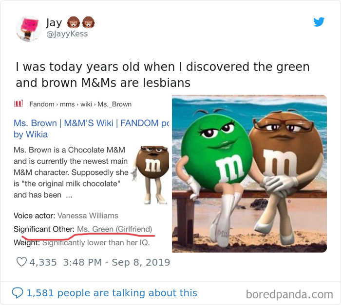 JayyKess tweets about green and brown M&Ms and picture of green and brown M&Ms