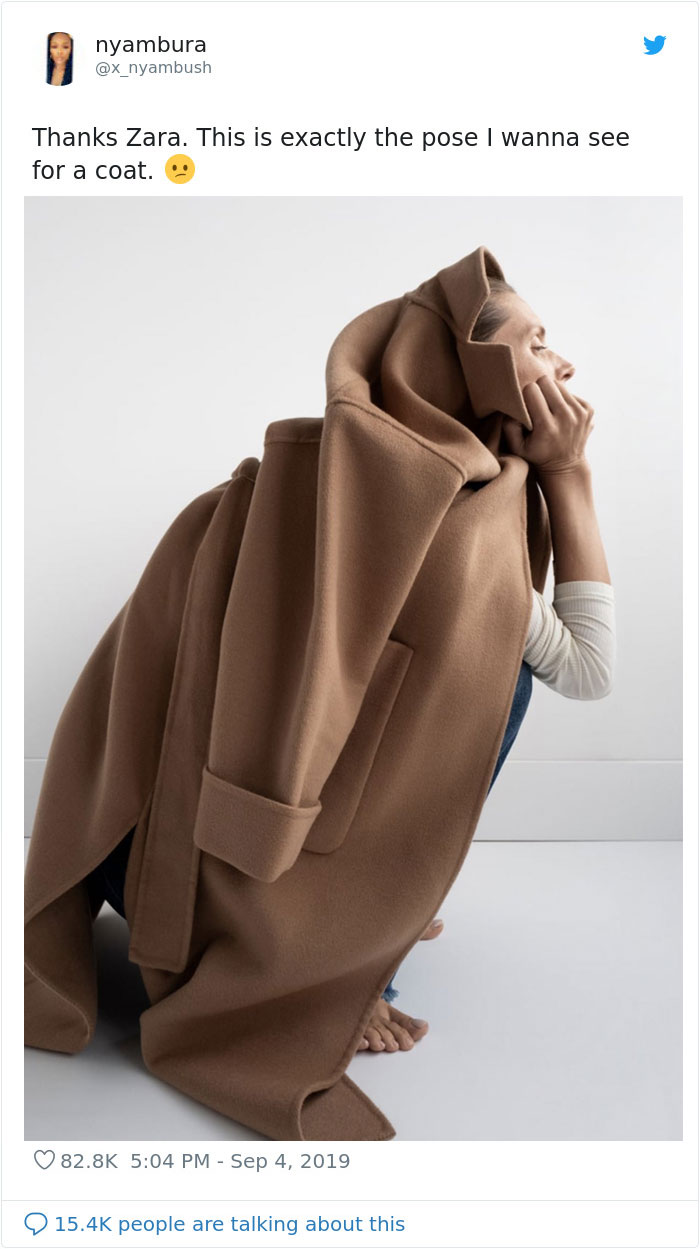 Zara model in unusual pose wearing a brown coat, highlighting online shopping challenges with quirky modeling. Zara model in unusual pose wearing a brown coat, highlighting online shopping challenges with quirky modeling.