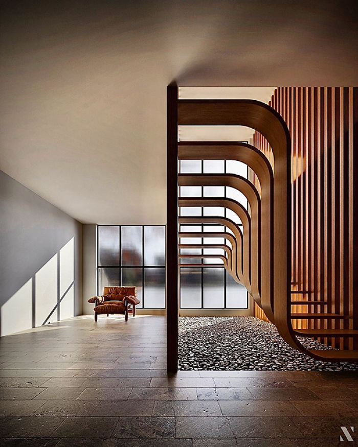 This Minimalistic Staircase Resembles A Strand Of DNA Inside Of A Two-Story Home