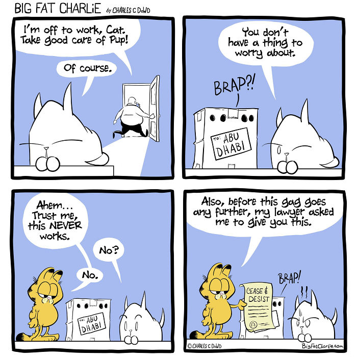 Comic strip showing daily struggles as a fat man with humorous interactions between characters and a robot box.