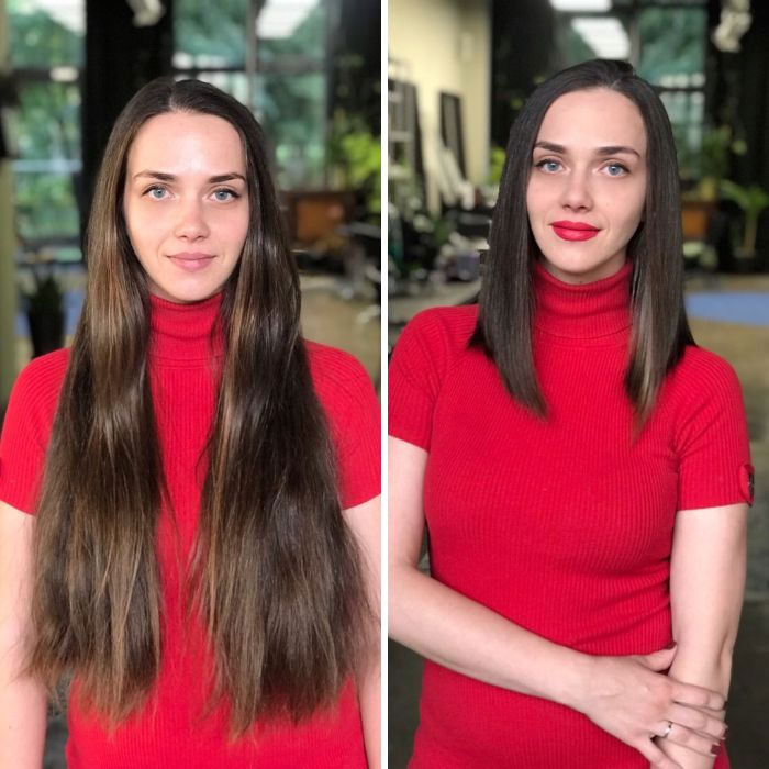Woman with long brown hair before and after haircut showing hairstylist hair transformation in red top indoors. Woman with long brown hair before and after haircut showing hairstylist hair transformation in red top indoors.
