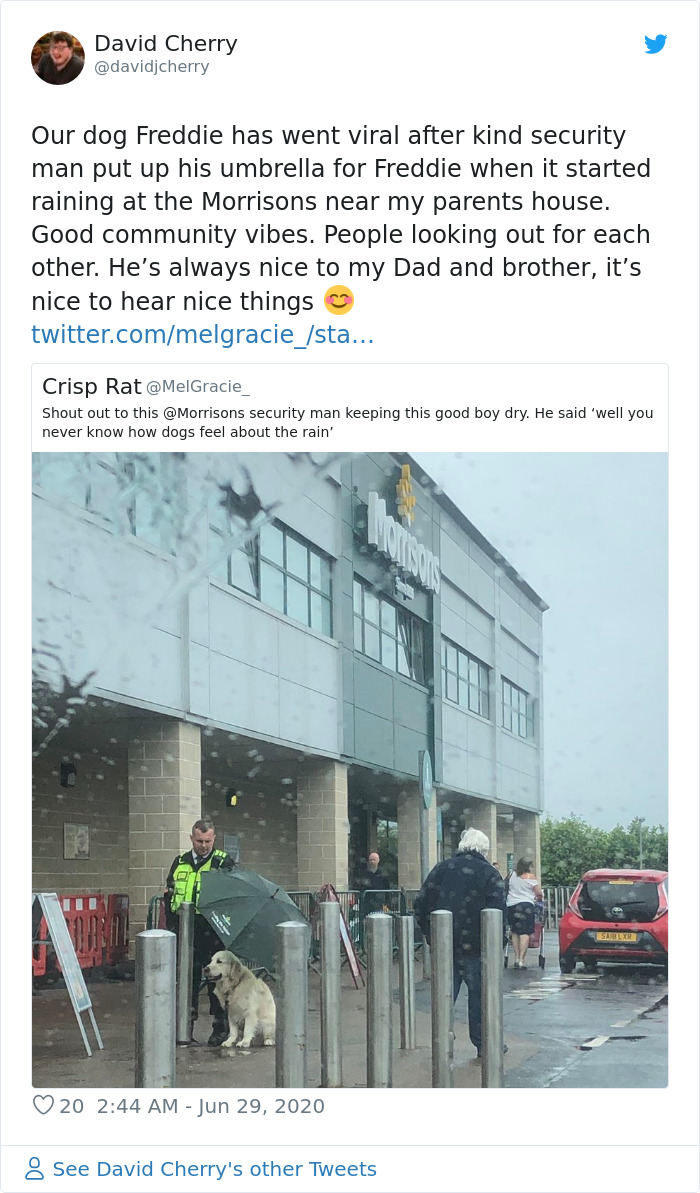 Security Guard For A Morrisons Store Goes Viral For Shielding A Waiting Dog From The Rain With His Umbrella Security Guard For A Morrisons Store Goes Viral For Shielding A Waiting Dog From The Rain With His Umbrella
