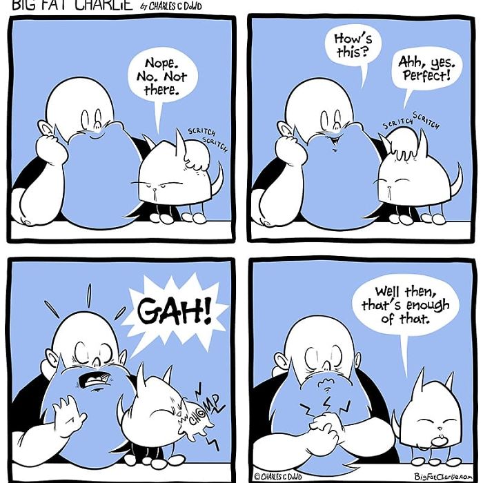 Cartoon of a fat man with a blue beard interacting humorously with a cat, illustrating daily struggles as a fat man.