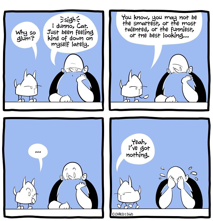 Comic strip showing a fat man feeling down as his cat tries to cheer him up, highlighting daily struggles of a fat man.