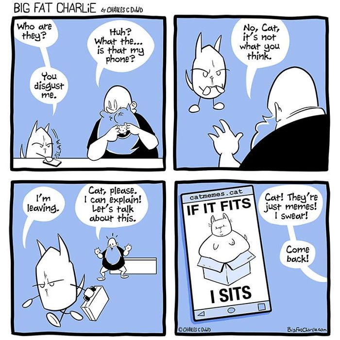 Comic panels showing a fat man and a cat arguing over phone memes, illustrating daily struggles as a fat man with humor.