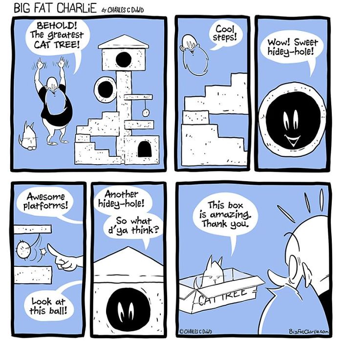 Comic strip showing a fat man and cats exploring and praising a multi-level cat tree with fun platforms and hidey-holes.