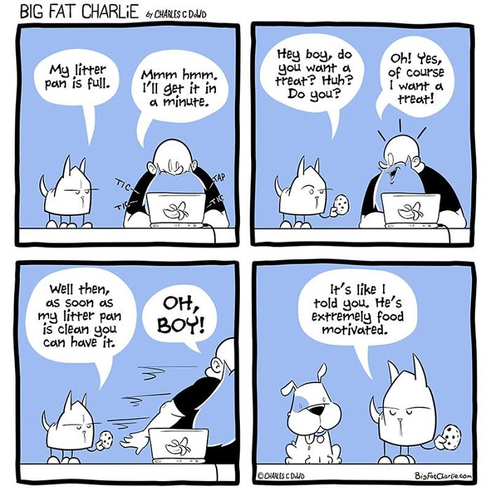 Comic strip featuring a fat man and pets, humorously depicting daily struggles and food motivation in a fun style.