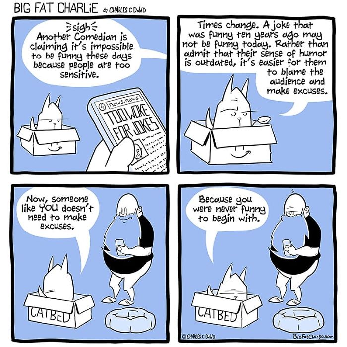 Comic strip showing a fat man and cat discussing humor struggles and sensitivity in daily life cartoons about fat man challenges.