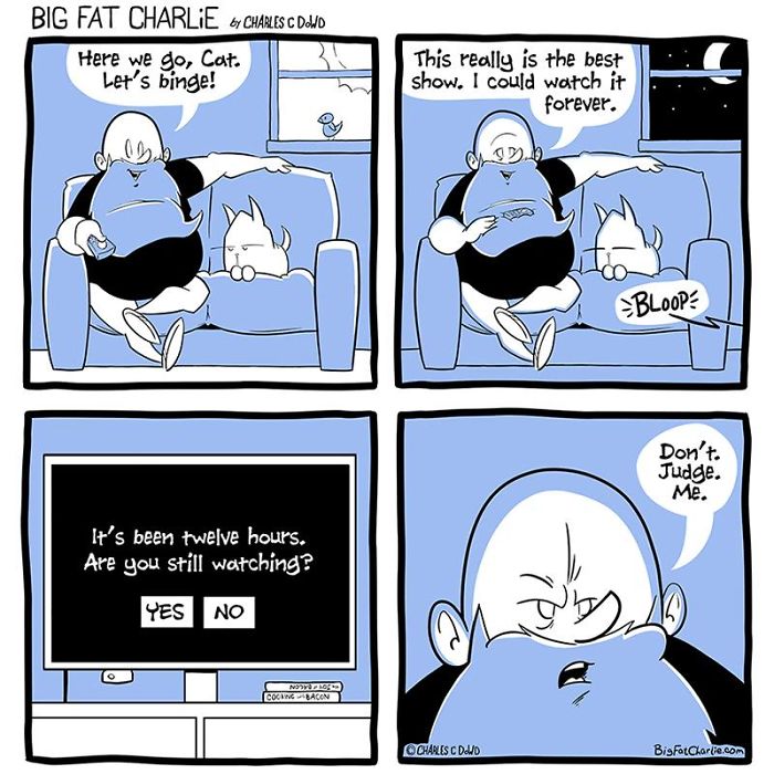 Comic panel of a fat man binge-watching TV with his cat, highlighting daily struggles and humor of a fat man’s life.