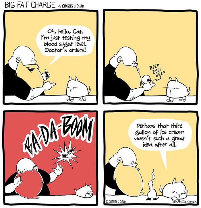 Comic strip showing a fat man humorously struggling with daily life and health issues, depicting fun comics about fat man struggles.