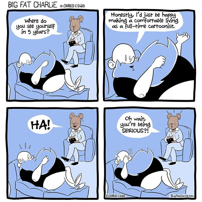 Comic strip showing a fat man sharing daily struggles and dreams with a cartoon therapist in a humorous setting.