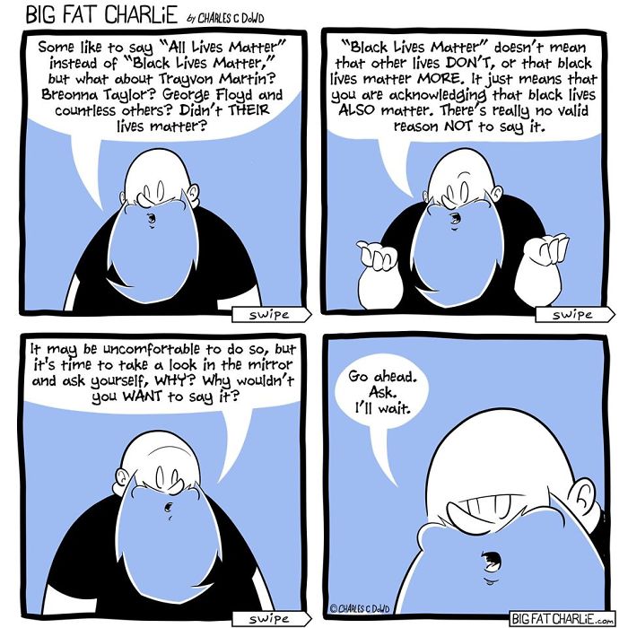 Comic panels featuring a fat man discussing social justice issues with thoughtful expressions in a daily struggles comic style.