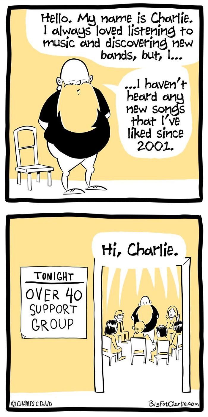 Comic of a fat man named Charlie sharing daily struggles at an over 40 support group meeting.