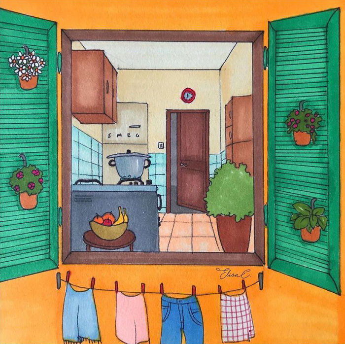 I Made An Art Project Called "The Roman Quarantine" Drawing Daily Life With My Cat During The Lockdown In Rome, Italy