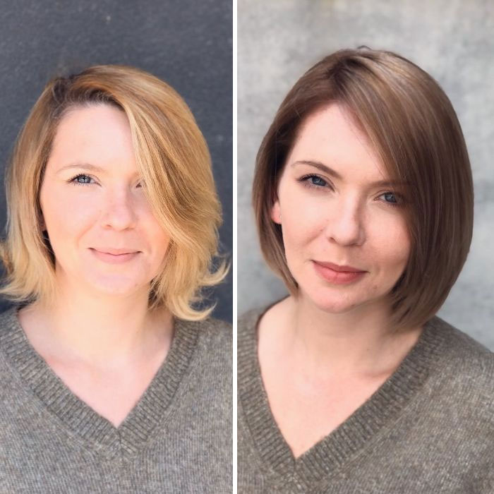 Side-by-side before and after hair transformation showing a stylish haircut and color change by a hairstylist. Side-by-side before and after hair transformation showing a stylish haircut and color change by a hairstylist.