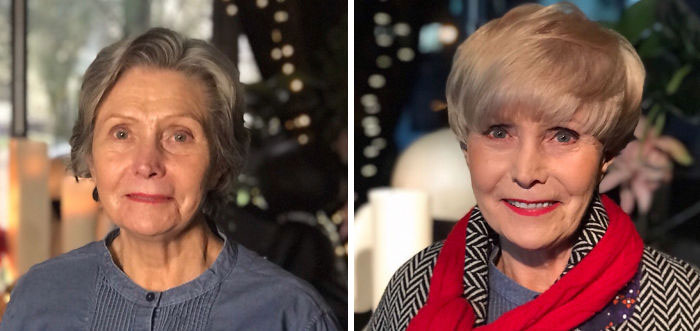 Before and after hair transformation of an older woman, showcasing hairstylist's skill in a striking makeover with short blonde hair. Before and after hair transformation of an older woman, showcasing hairstylist's skill in a striking makeover with short blonde hair.