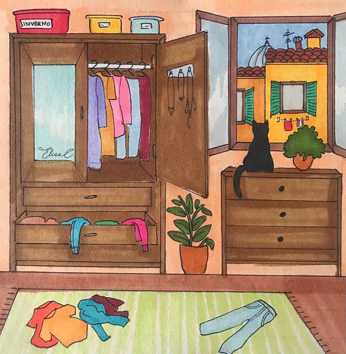 I Made An Art Project Called "The Roman Quarantine" Drawing Daily Life With My Cat During The Lockdown In Rome, Italy