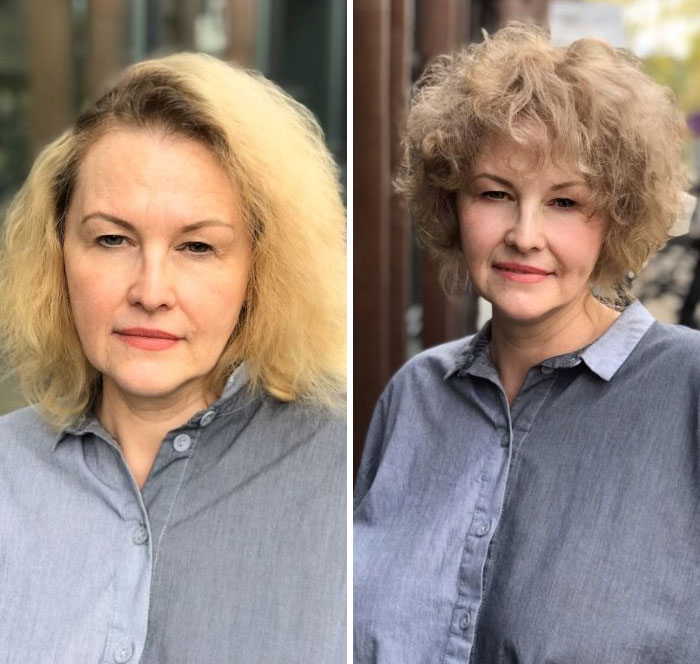 Woman before and after hair transformation by hairstylist showing improved texture and styled curly look outdoors. Woman before and after hair transformation by hairstylist showing improved texture and styled curly look outdoors.