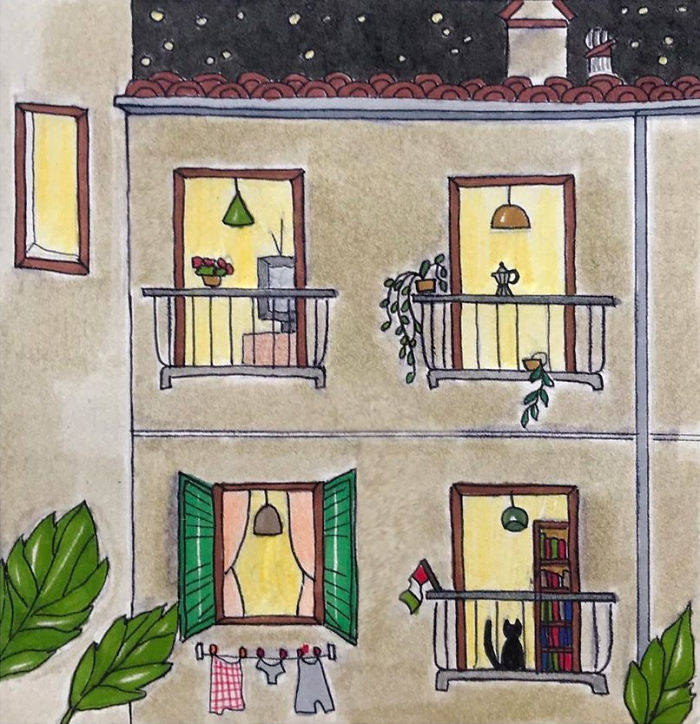 I Made An Art Project Called "The Roman Quarantine" Drawing Daily Life With My Cat During The Lockdown In Rome, Italy