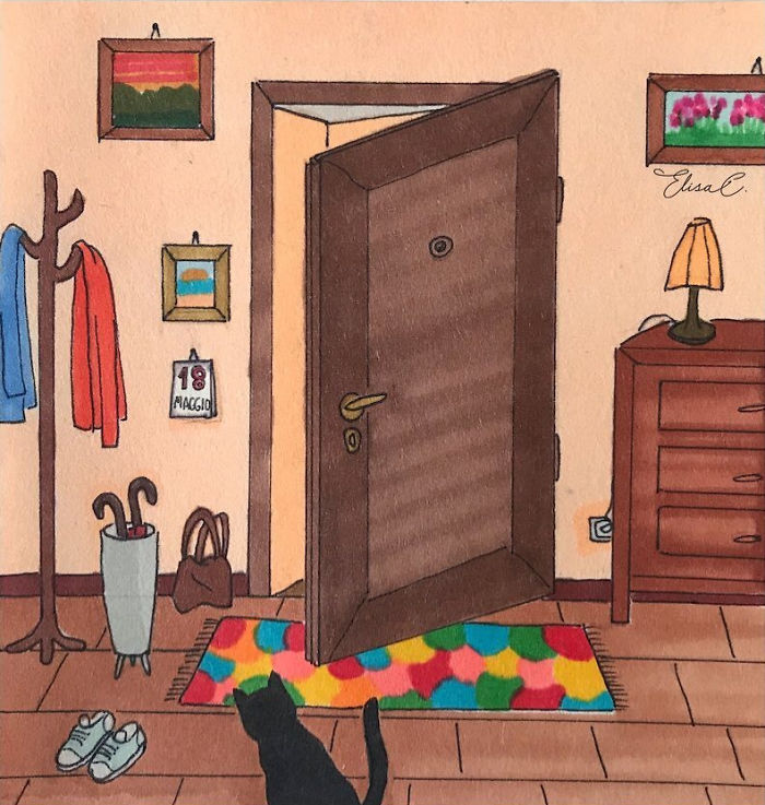 I Made An Art Project Called "The Roman Quarantine" Drawing Daily Life With My Cat During The Lockdown In Rome, Italy
