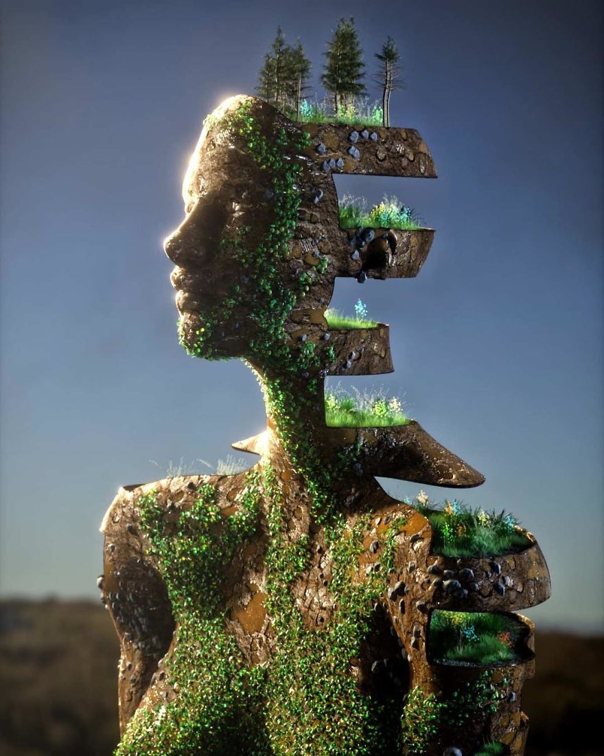 Artist Creates Incredible Digital Sculptures Interacting With Nature