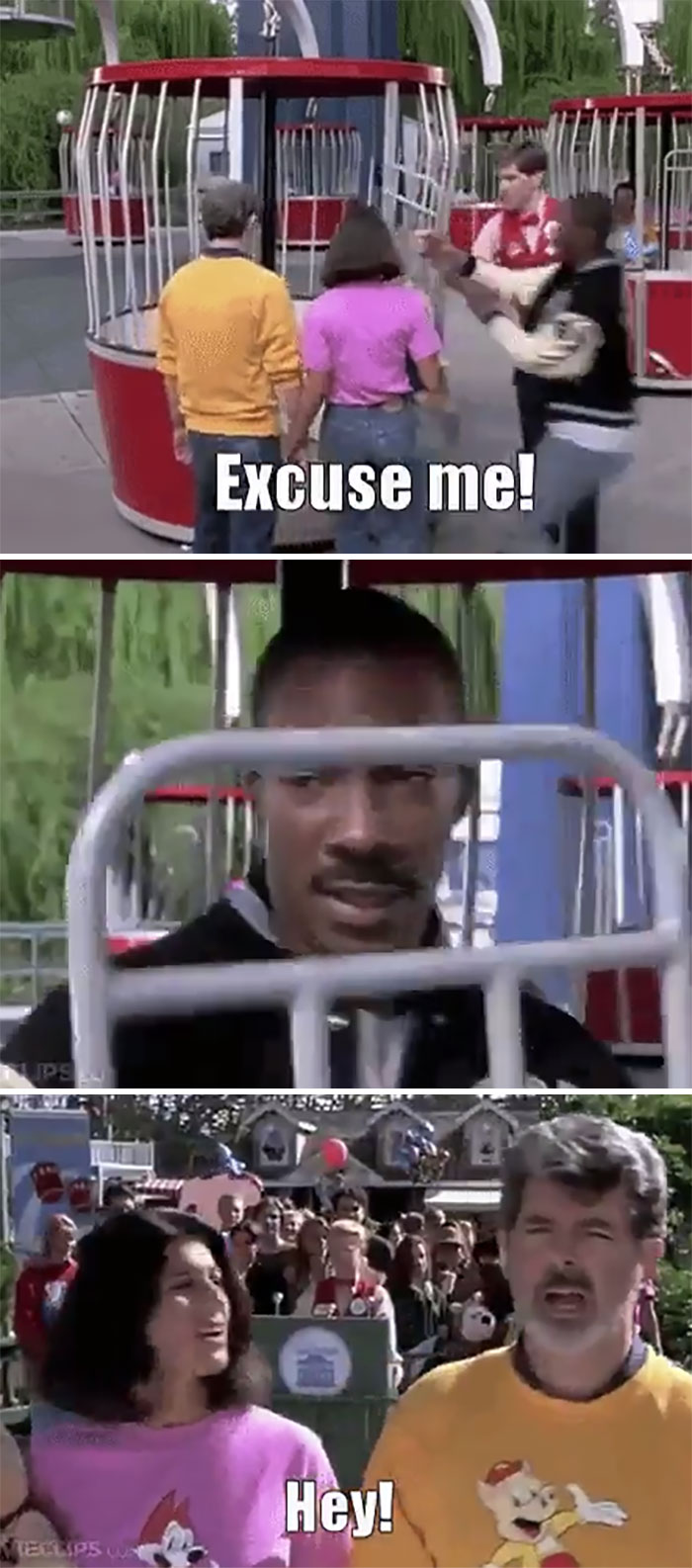 In Beverly Hills Cop III (1994) Eddie Murphy Cuts Into Line At The Spider Ride, In Front Of George Lucas