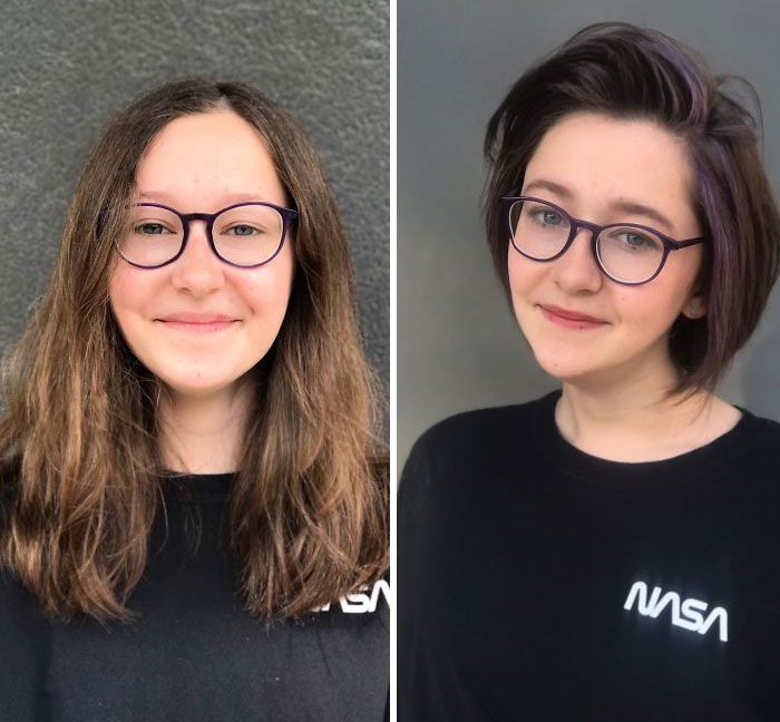 Before and after hair transformation showing a stylish haircut and color change by a professional hairstylist. Before and after hair transformation showing a stylish haircut and color change by a professional hairstylist.