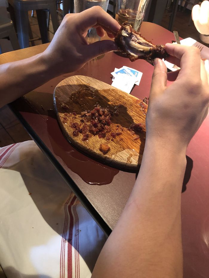 Maple Bacon Wings. This Was After The Waitress Went To “Clean It Up” When We Told Her It Had Been Pouring Off The Board As She Was Walking Across The Restaurant And It Almost Got All Over My Boyfriend