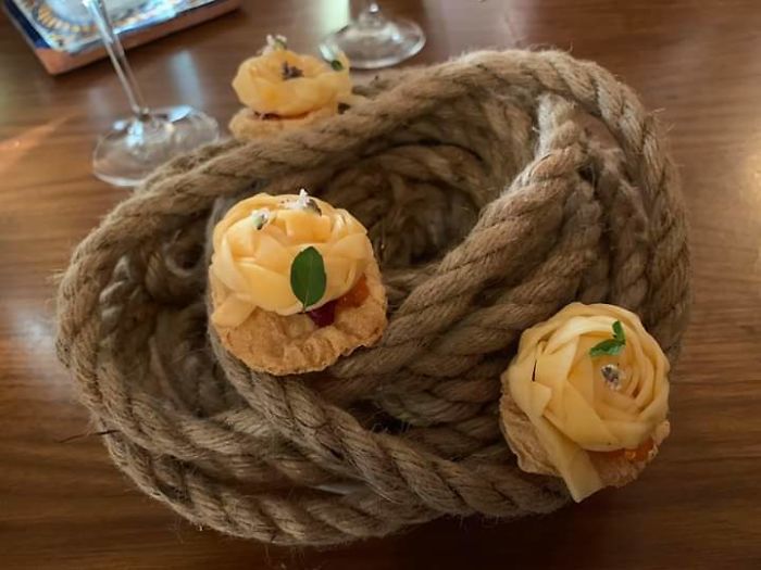 Friend Of Mine Just Posted This From His Dinner Out. Rope As A Plate. Some Sort Of Fruit Roses.