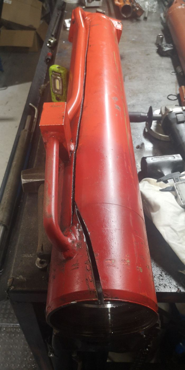 Customer Ignored The Pressure Rating Of His Cylinder And Shot Oil Out At Such A High Pressure It Cut 1 Inch Thick Steel