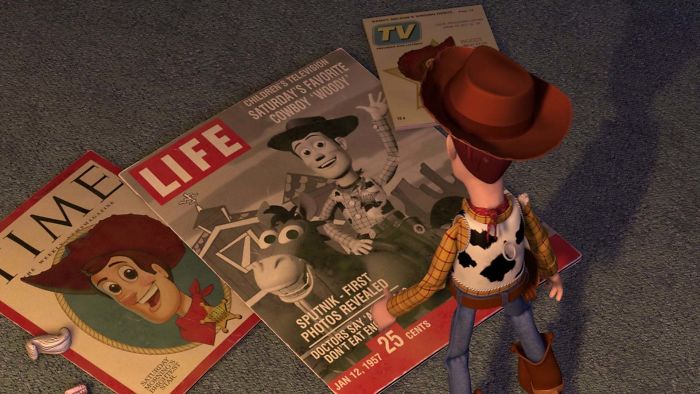 In Toy Story 2 The Life Magazine With Woody's Roundup On The Cover Also Shows An Article About Sputnik, Which Is Mentioned In The Movie That It Caused Kids Favoring Space Toys And LED To The Cancellation Of Woody's Roundup