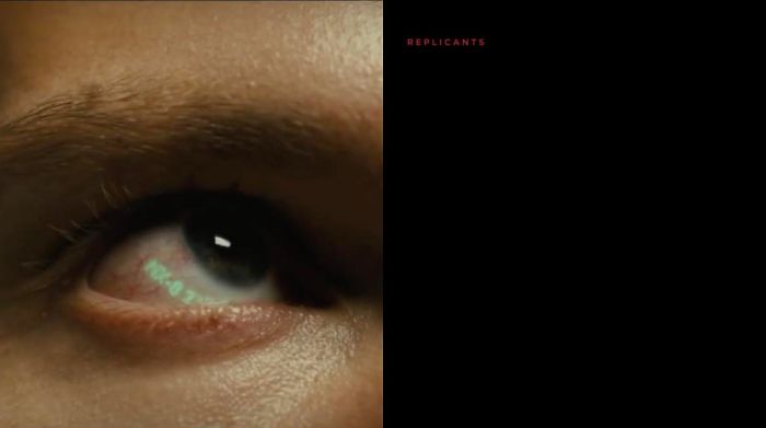 In Blade Runner 2049 (2017), Replicants Can Be Identified By Having Them Look Up And To The Left. The Opening Text Of The Film Is Positioned Where The Audience Must Look Up And To The Left, And The First Word They Look At Is “Replicants”