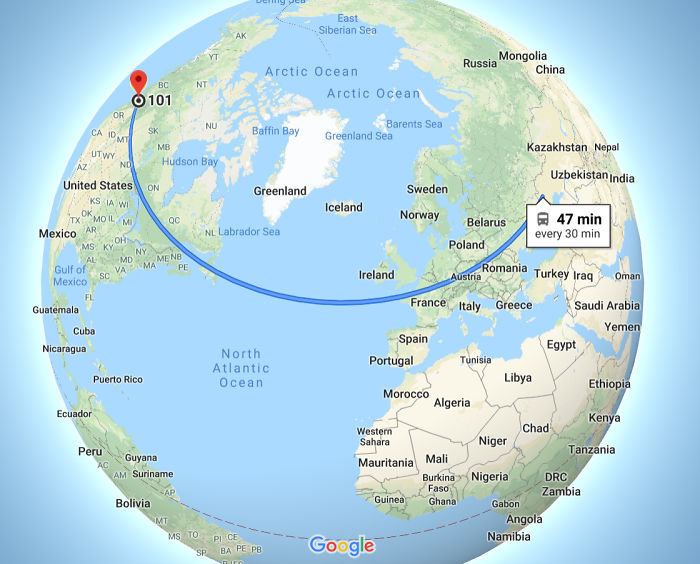 Found What Is Apparently The Fastest Bus In Existence On Google Maps: Seattle To Kyrgyzstan And Back To Seattle In Only 47 Minutes