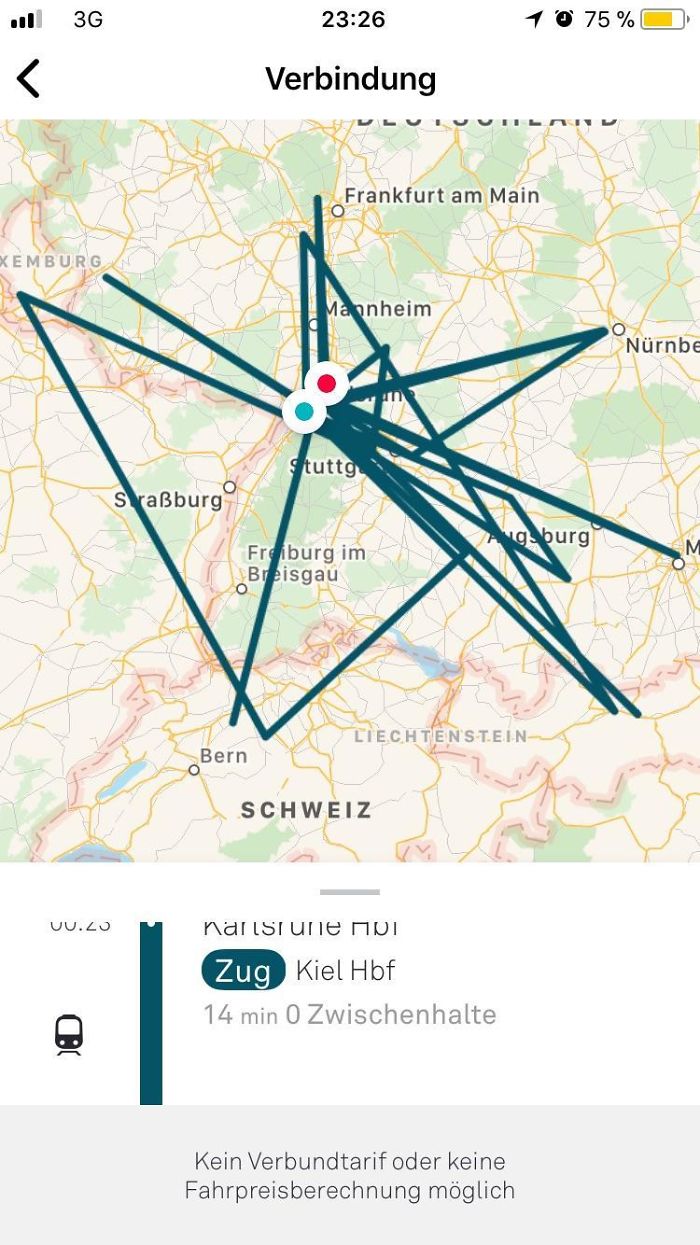 My Public Transport App Recommended To Drive Through 5 Different Countries To Get From The Red To The Turquoise Destination