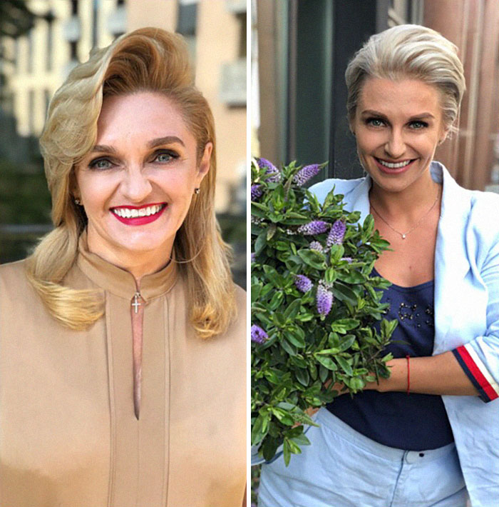 Before and after hair transformation showing a woman with different stylish blonde hairstyles and bright smiles. Before and after hair transformation showing a woman with different stylish blonde hairstyles and bright smiles.