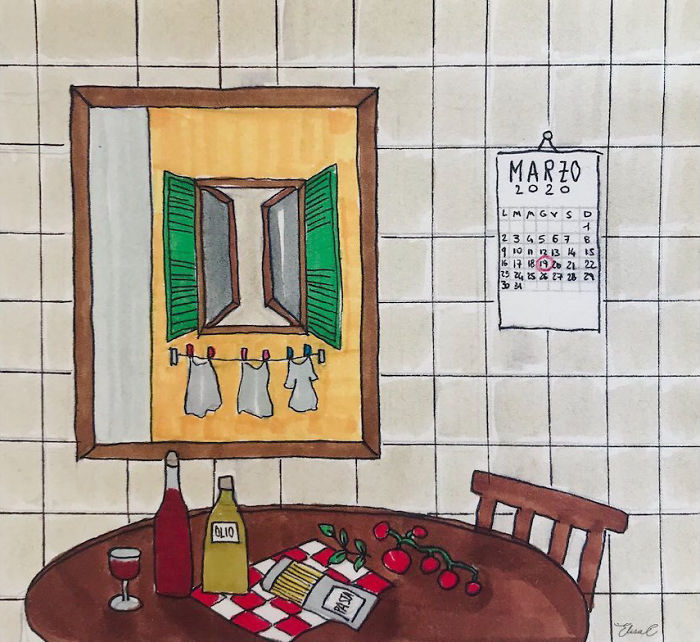 I Made An Art Project Called "The Roman Quarantine" Drawing Daily Life With My Cat During The Lockdown In Rome, Italy