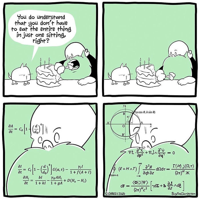 Man and cat at birthday cake, with man humorously calculating complex formulas about eating the entire cake, daily struggles comic.