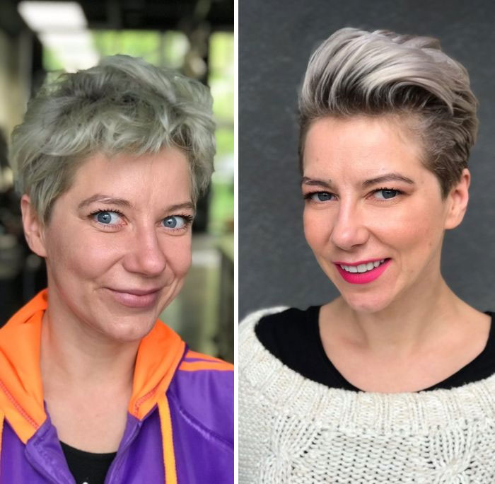 Woman with short gray hair before and after hair transformation showing hairstylist’s skill in a side-by-side comparison. Woman with short gray hair before and after hair transformation showing hairstylist’s skill in a side-by-side comparison.