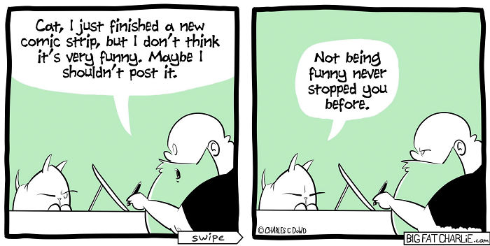Comic panel showing a man and a cat discussing posting comics about daily struggles as a fat man in a humorous setting.