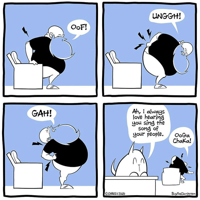 Comic panels showing a fat man struggling to sit down with back pain, capturing daily struggles as a fat man humorously.