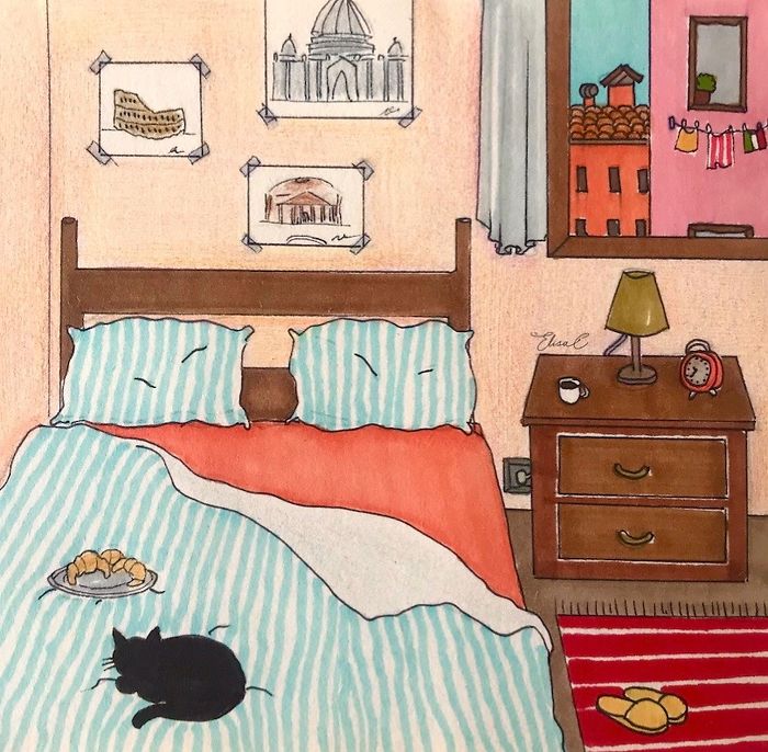 I Made An Art Project Called "The Roman Quarantine" Drawing Daily Life With My Cat During The Lockdown In Rome, Italy