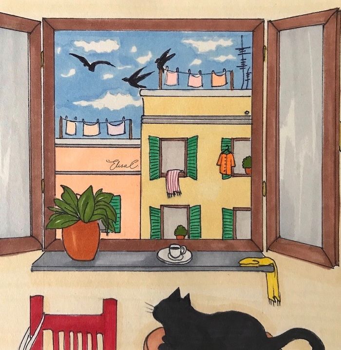 I Made An Art Project Called "The Roman Quarantine" Drawing Daily Life With My Cat During The Lockdown In Rome, Italy